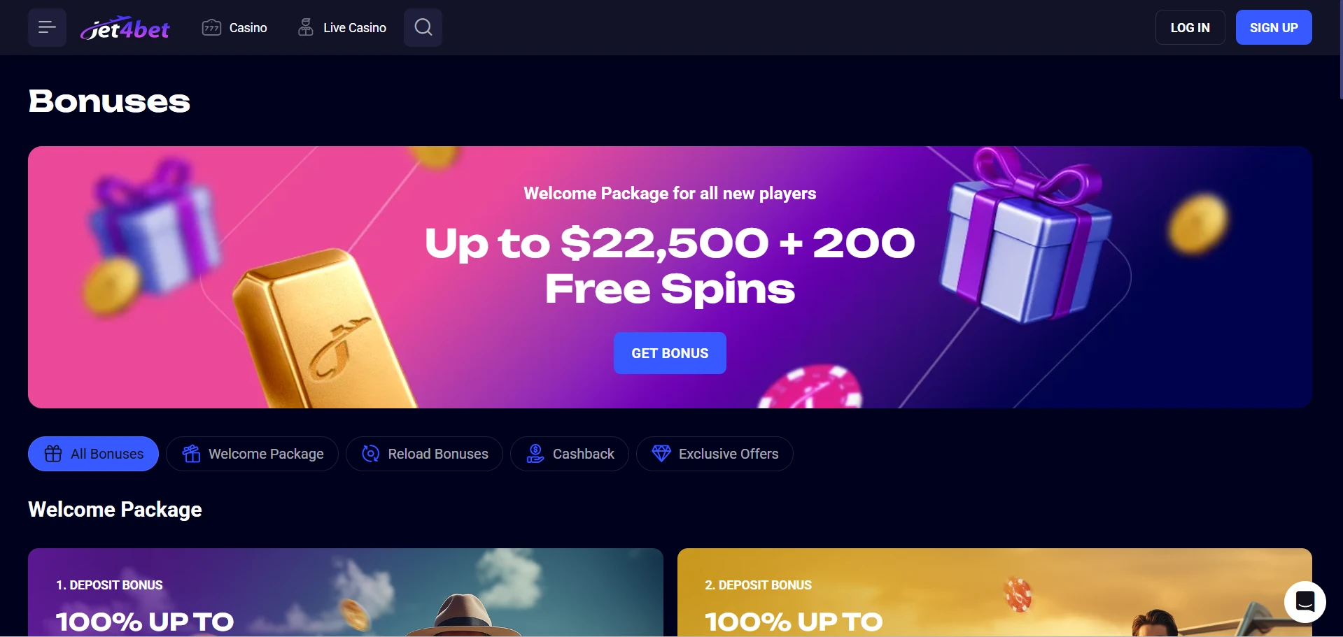 Jet4bet Casino promotions page with the welcome package
