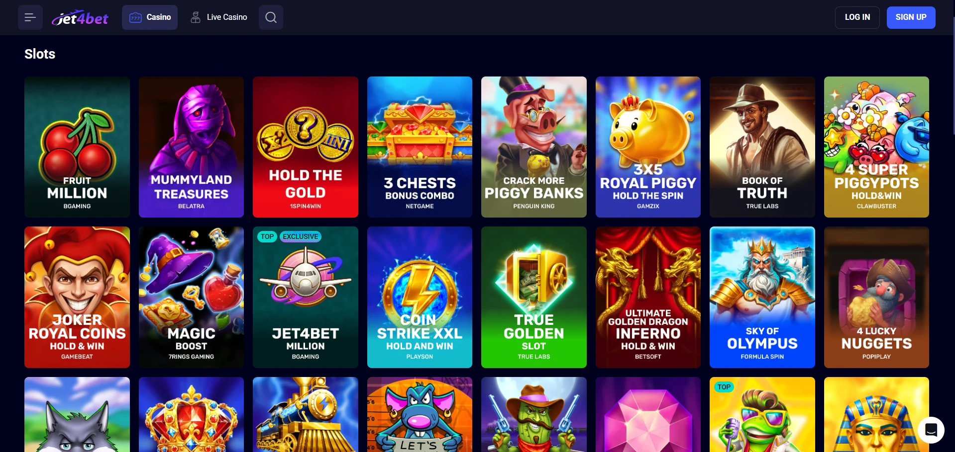 Jet4bet Casino games lobby with game tiles and categories