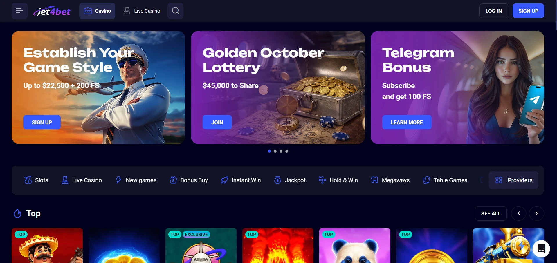 Jet4bet Casino home page on the Australian site