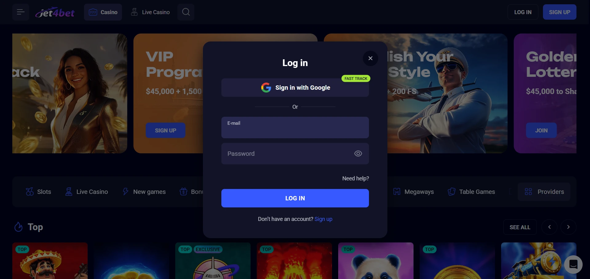 Jet4bet Casino login form