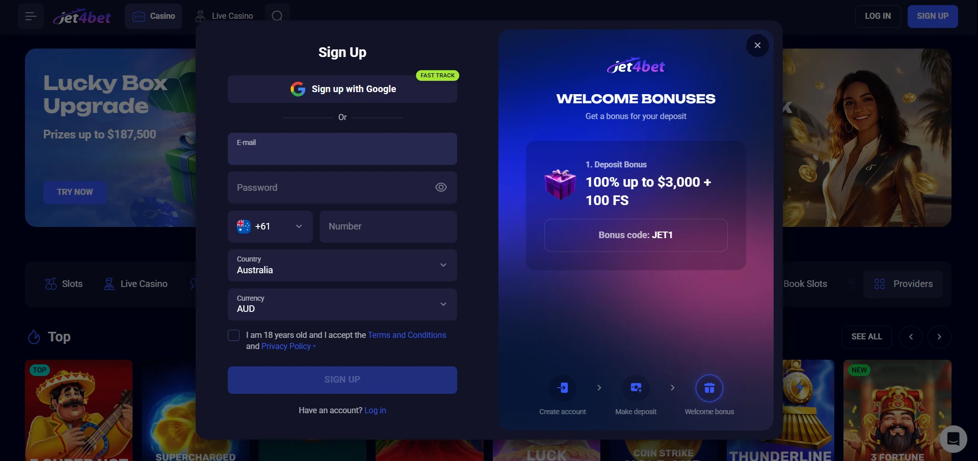 Jet4bet Casino registration form